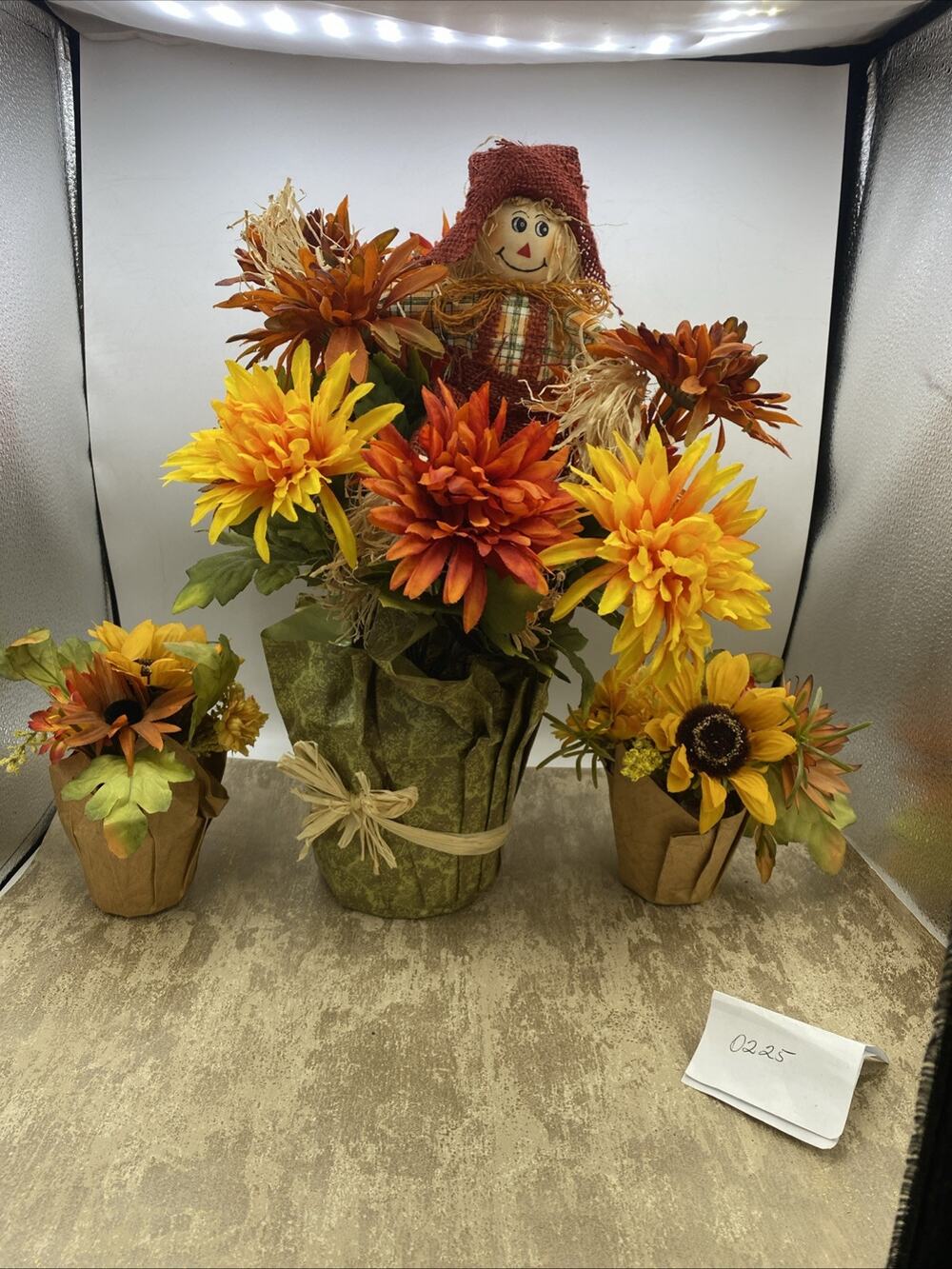 Whimsical Fall Scarecrow Floral Display in Pot Along With 2 Small Floral Pots